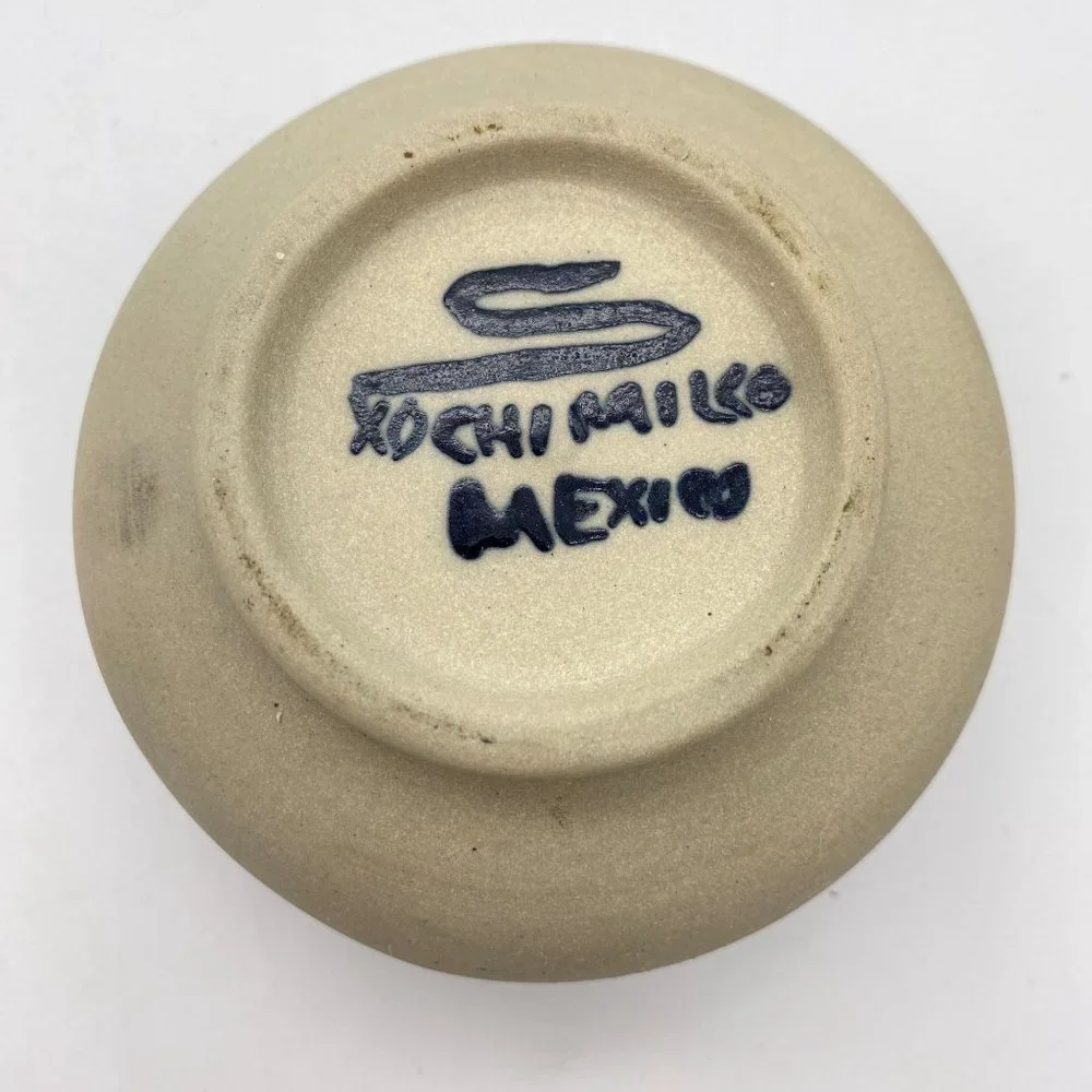 Mexican pottery lidded jar bowl blue Floral print Xochimilco hand painted signed